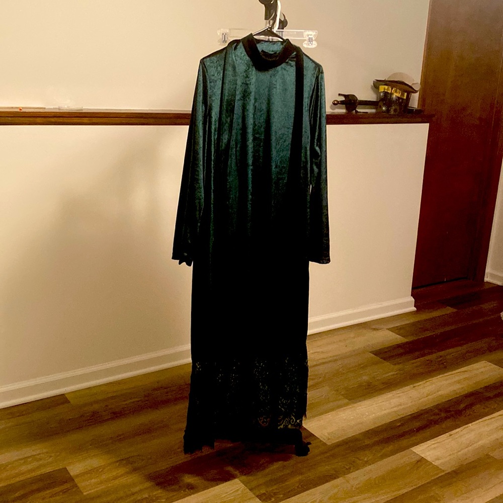 Hunter green velvet gown with lace bottom detail and optional waist tie